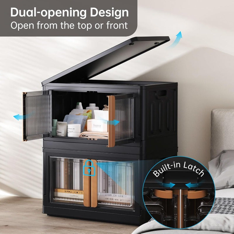 Storage Bins with 4 Lids 8.4 Gal Closet Cabinet 4 Pack Plastic Stackable Organizers with Front Opening Door Black Foldable Storage Box for Home Garage Office Craft